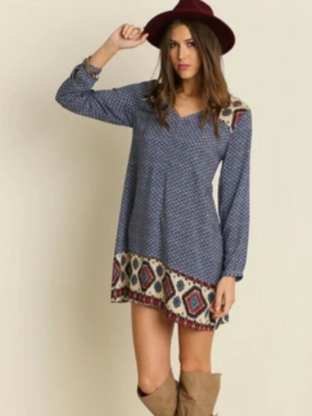 Umgee Boho Geometric Aztec Print Tunic Shift Mini Dress Blue Size XL